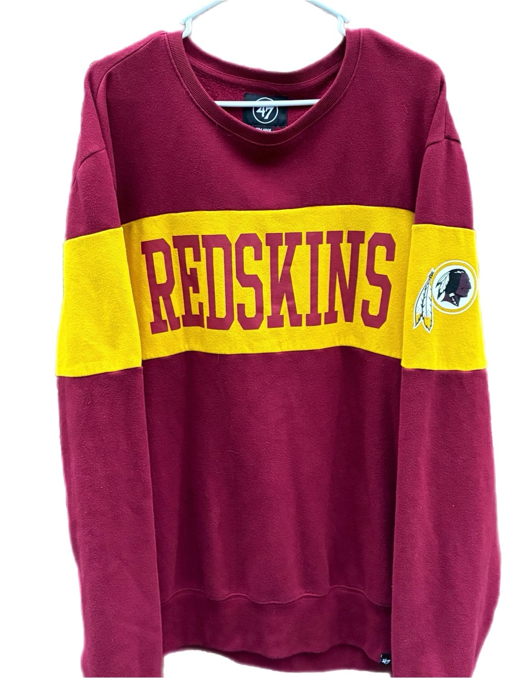 47 Crewneck Sweatshirt in Burgundy and Gold with REDSKINS Chest Stripe